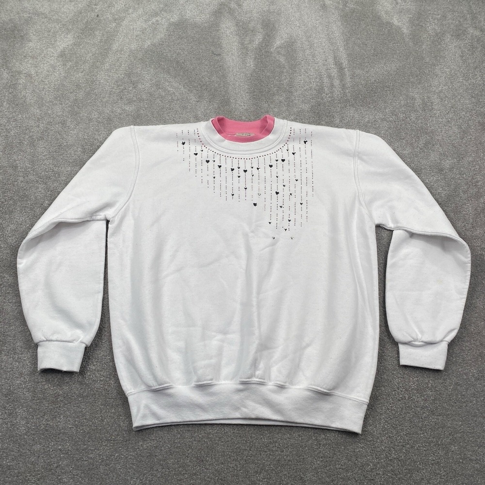 Top Stitch Women's Heart Sweater Size Large White Pink Grandma Bedazzled